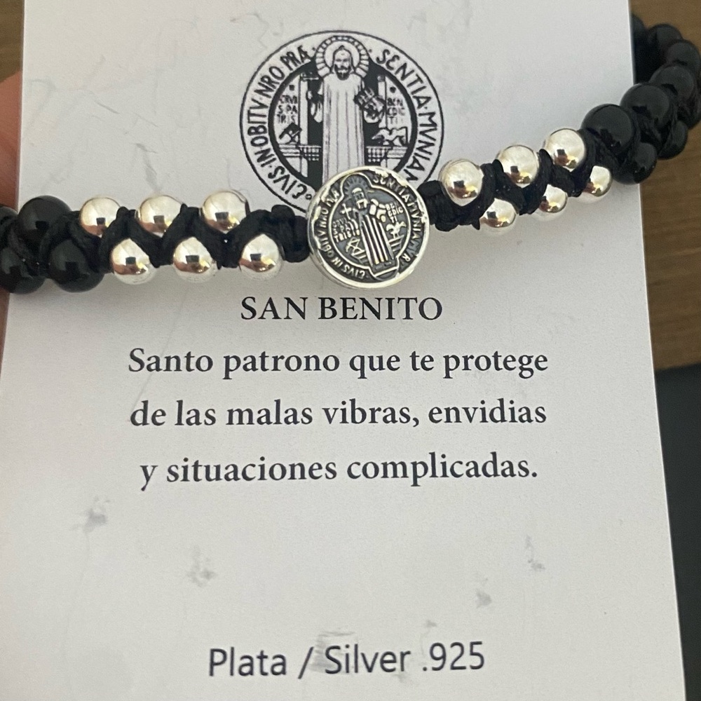Sterling Silver Black Thread Beaded  Onyx Beads St Benedict Adjustable Bracelet